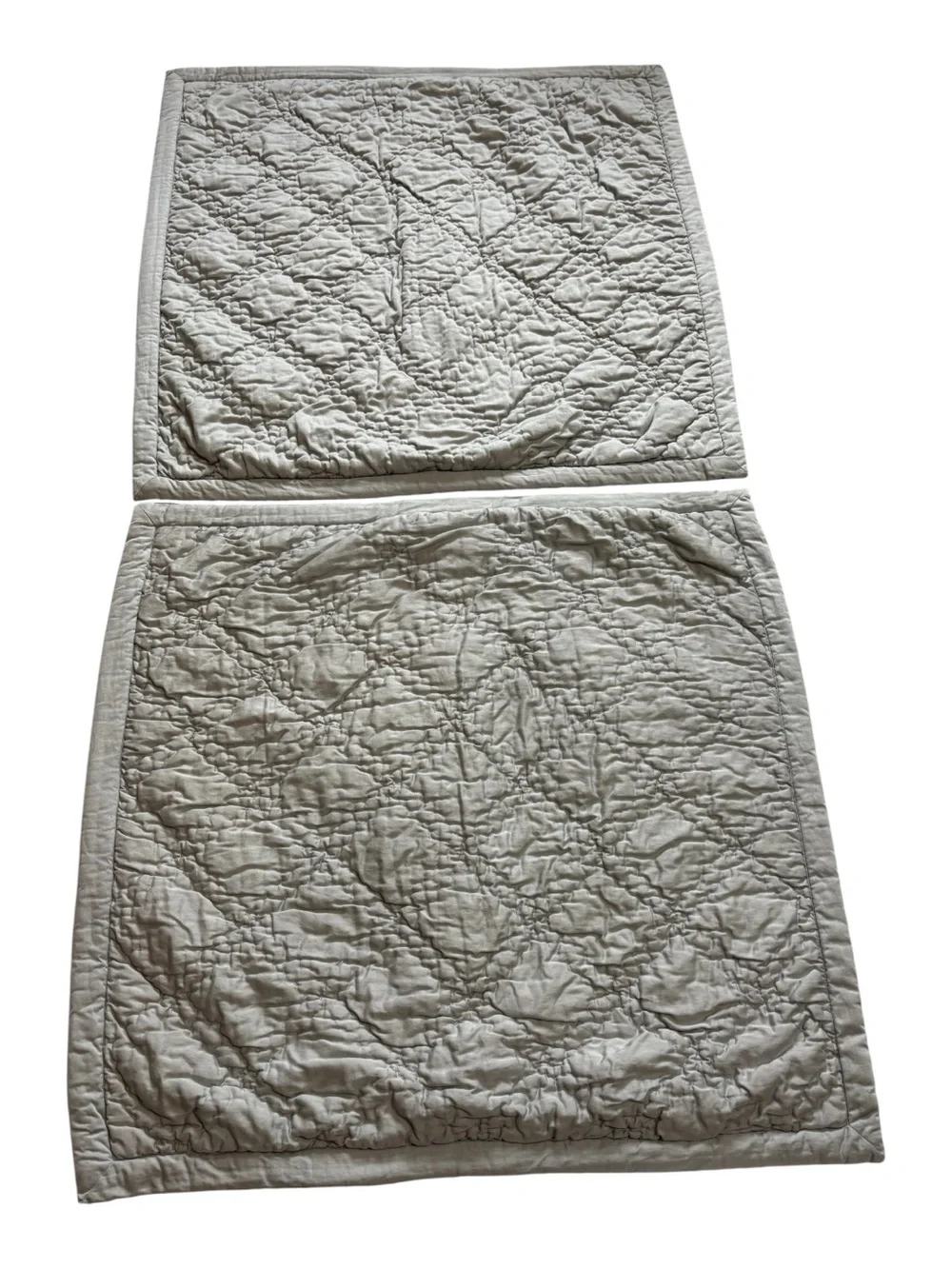 2 Pottery Barn Quilted Euro Pillow Shams Light Gray Double Hand Stitched Diamond